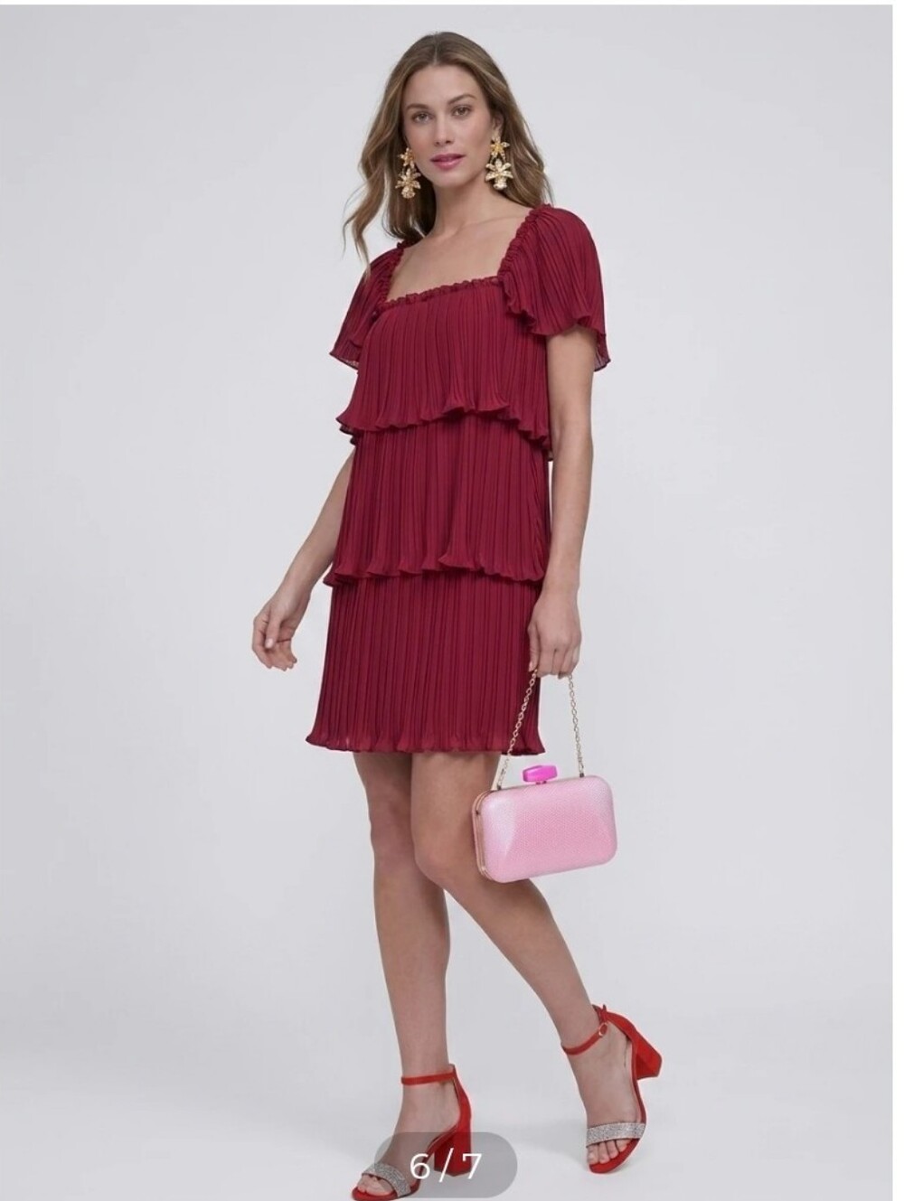DKNY Pleated Chiffon Dress Size 16 Burgundy Ruffle Neck Sheer Sleeve Party NWT